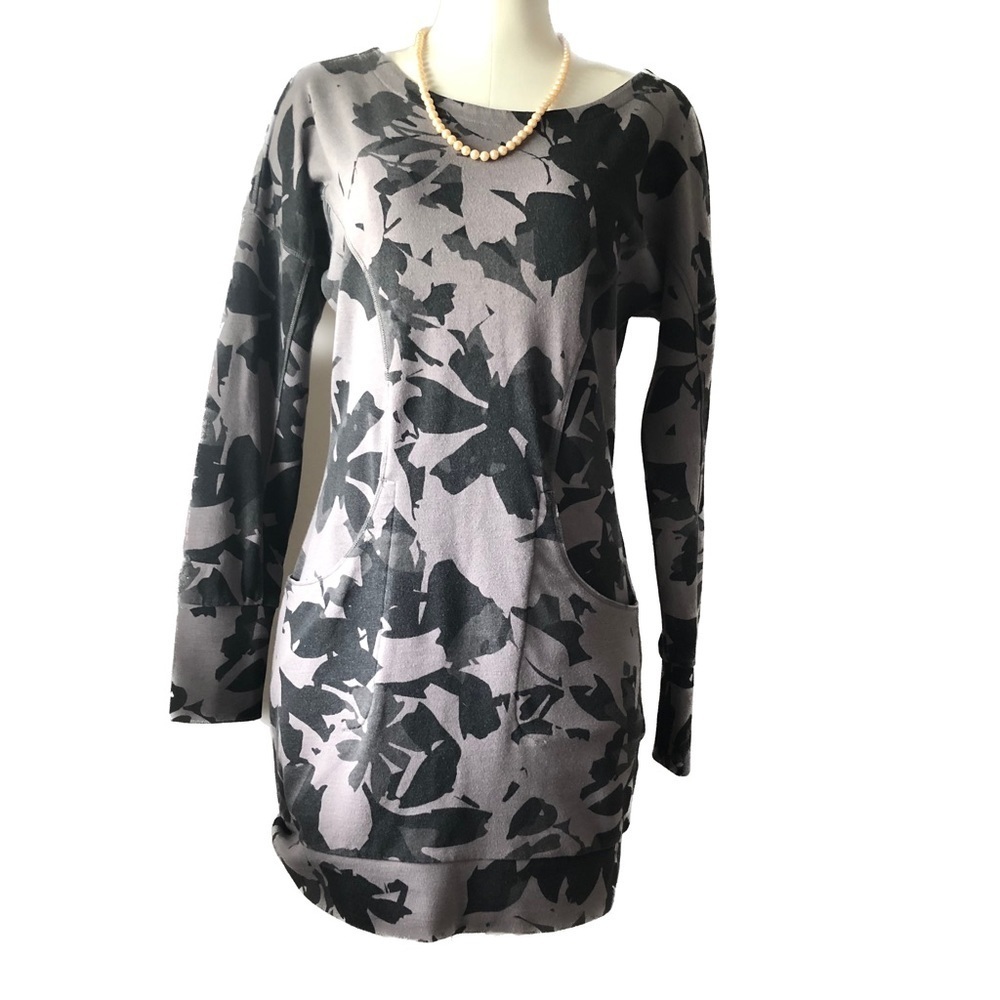 Lole Grey Floral Sheath Dress Boho Scoop Neck Dolmen Sleeve Pockets Size Medium